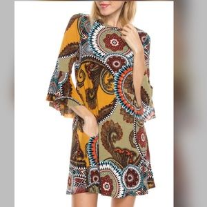 Mixed Print Half Bell Sleeve Dress With Pockets