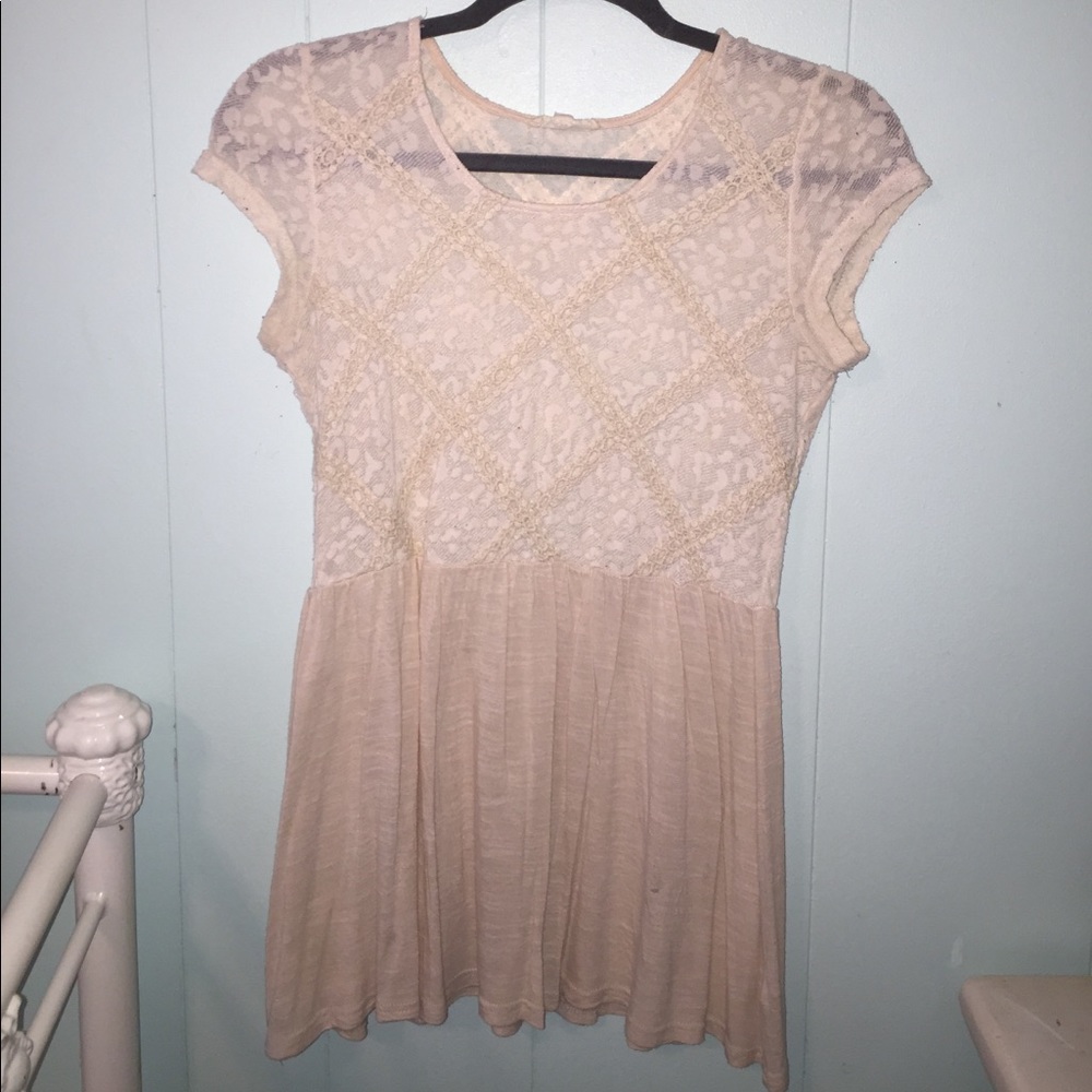 CUTE BLUSH & CREAM CROCHET EMBROIDERED PEPLUM TOP