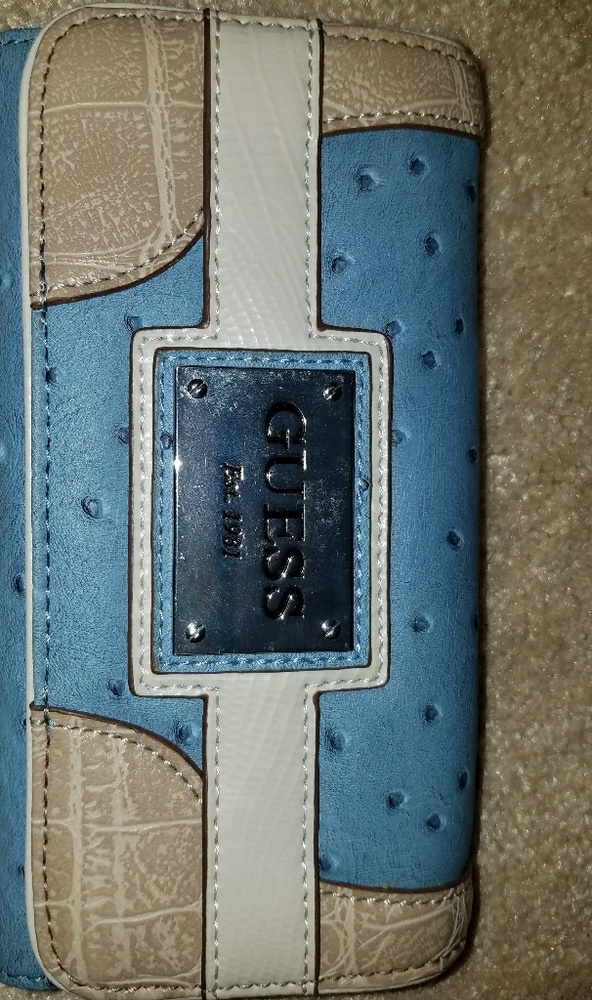 Guess light blue and white tri fold wallet