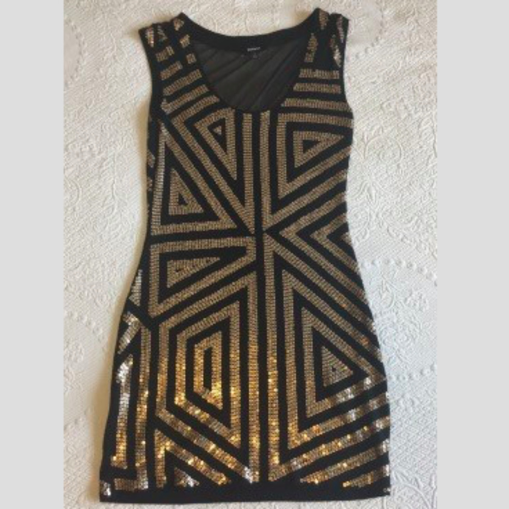 EXPRESS Black/Gold Sequence Bodycon Dress S