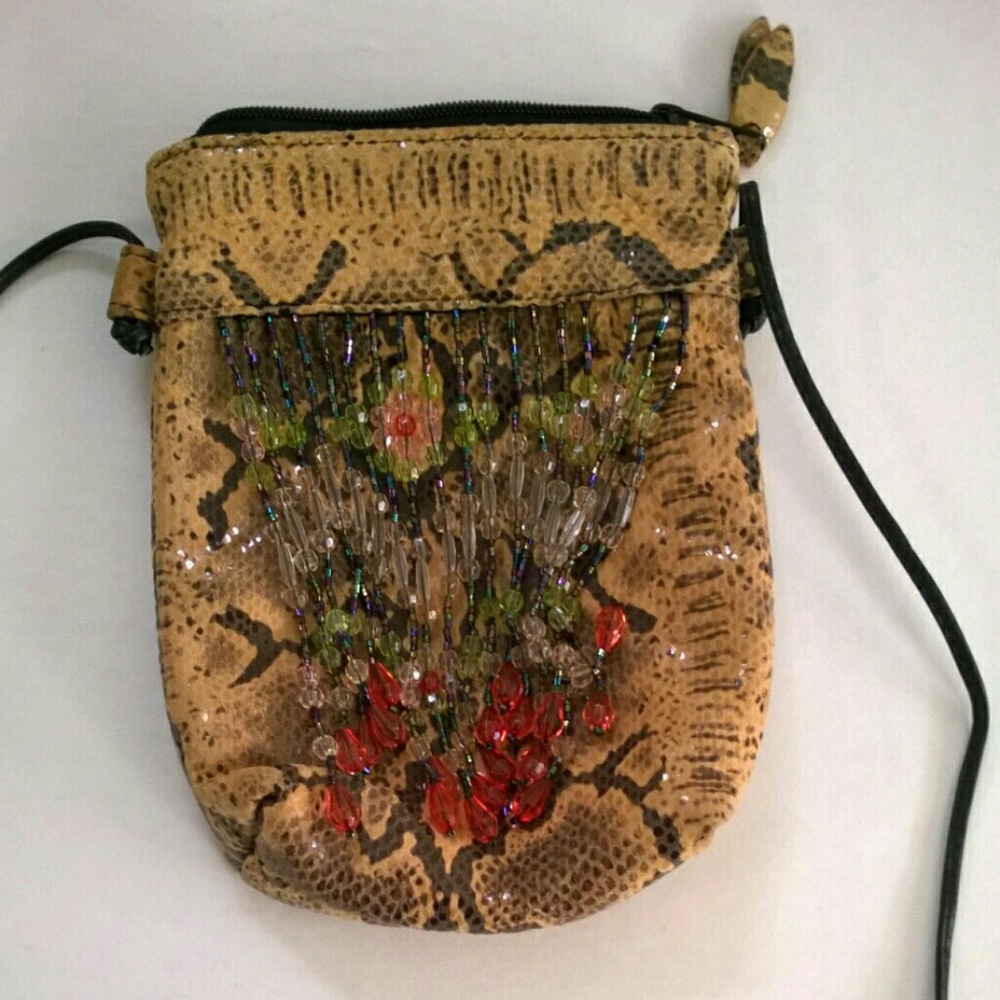 Mini Beaded Faux Python Print Purse