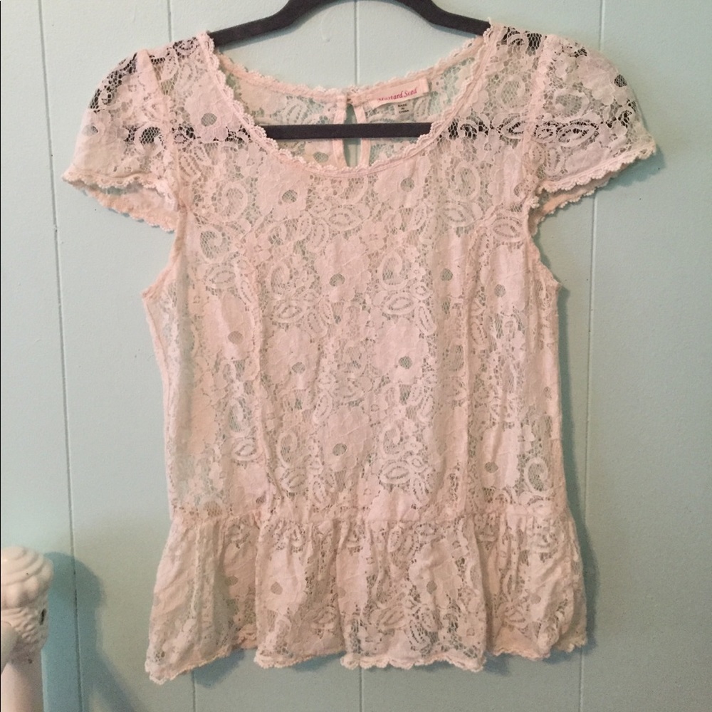CREAM COMPLETELY LACE PEPLUM TOP W/ KEYHOLE BACK
