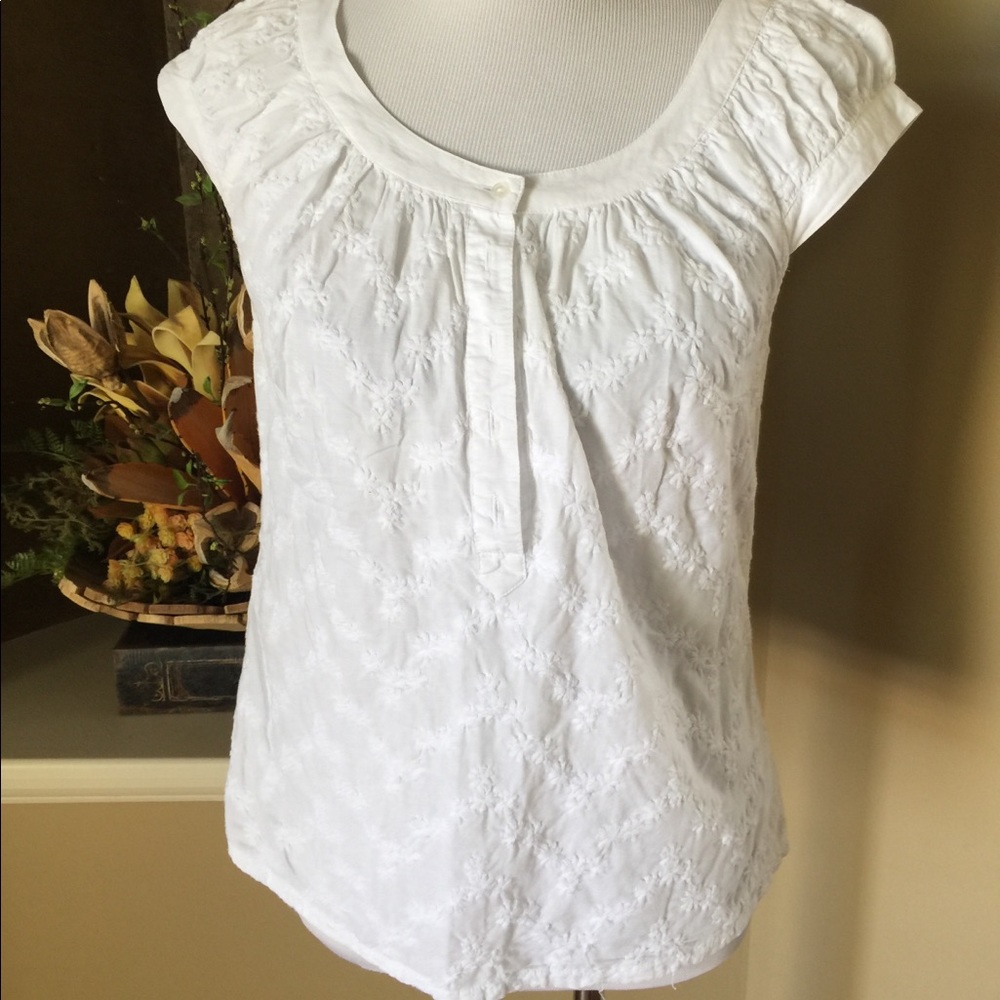 Partial button down with floral stitching