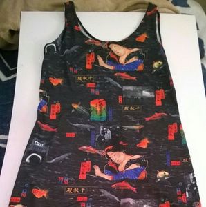 90s Sleeveless Long Side Slit Japanese Print Dress