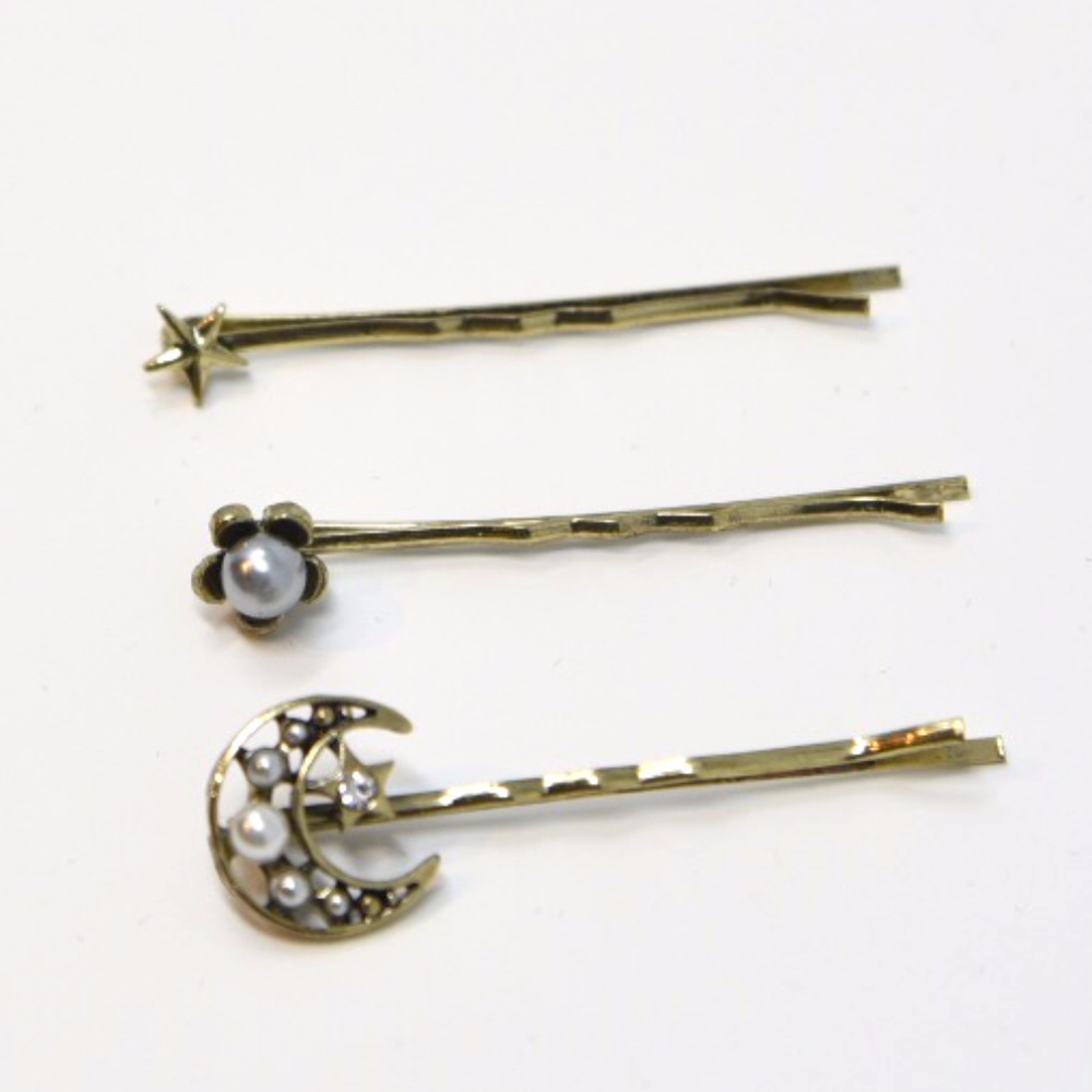 NEW Set of 3 Vintage Looking Bobby Pins Set - Moon - Picture 1 of 6