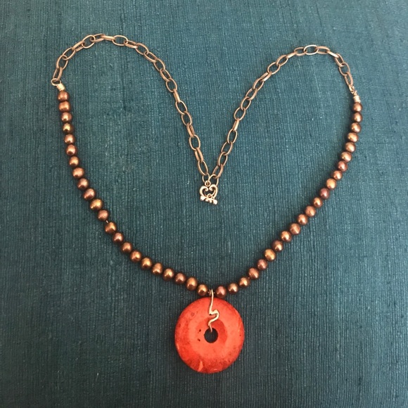 Jewelry Red Stone Pendant Brown Pearly Silver Necklace Poshmark