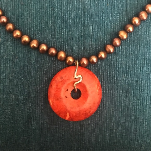 Jewelry Red Stone Pendant Brown Pearly Silver Necklace Poshmark