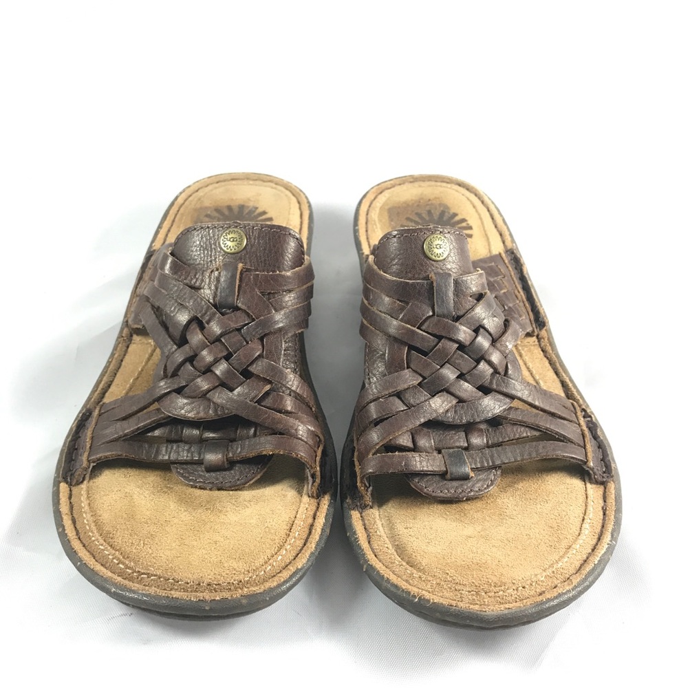 UGG Keala Brown Leather Woven Slip On Sandals 6