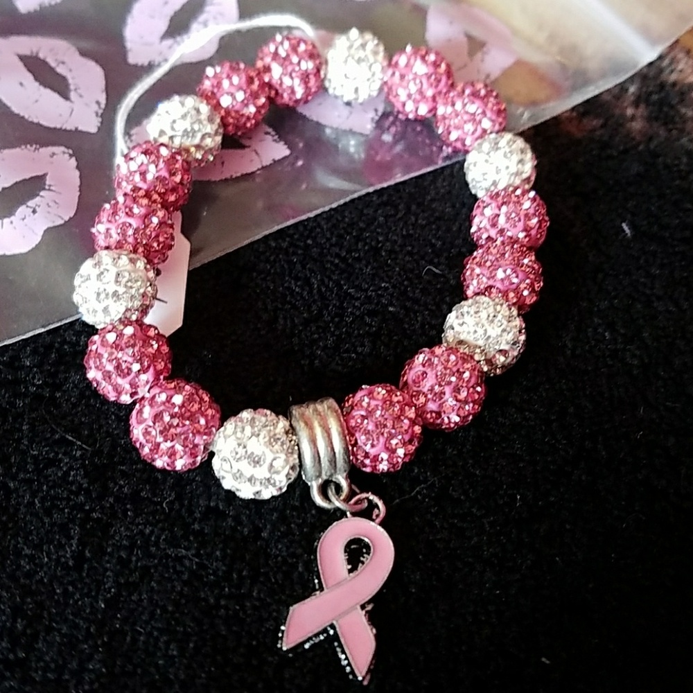 RHINESTONE STRETCHY BREAST CANCER AWARENESS BRACEL