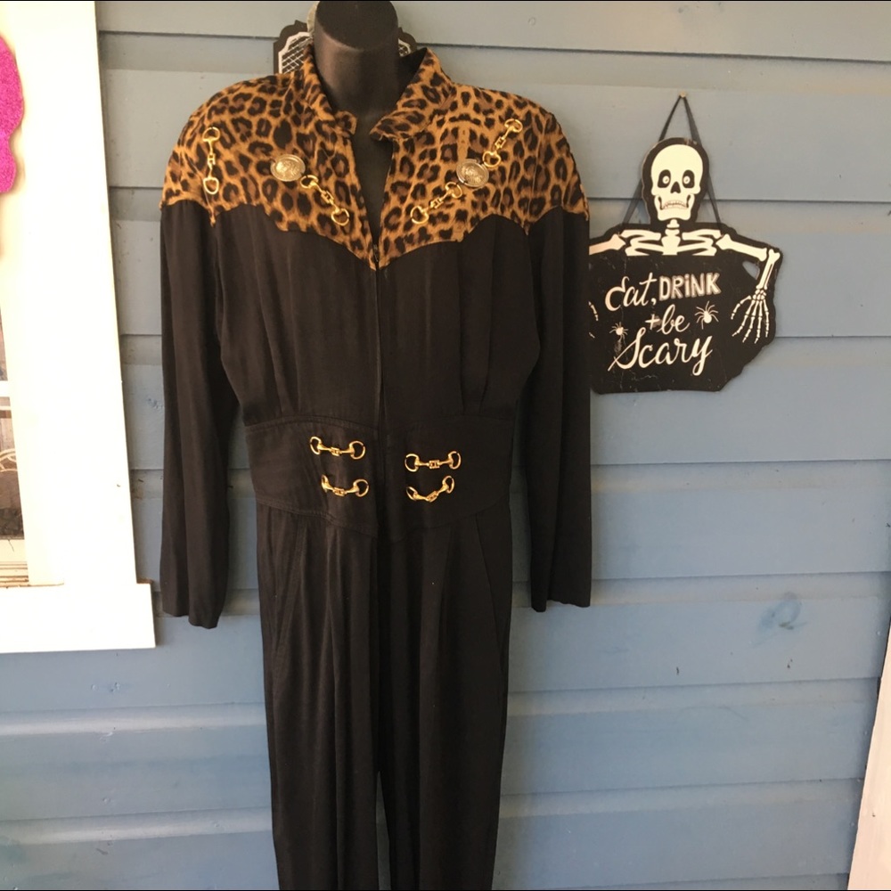 Vintage 80s Black leopard Jumpsuit 12 L