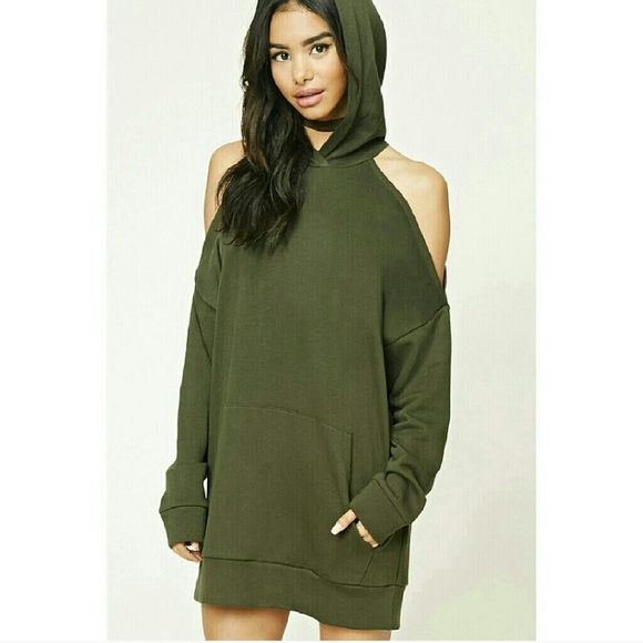 Cold Shoulder Hoodie Olive Dress 