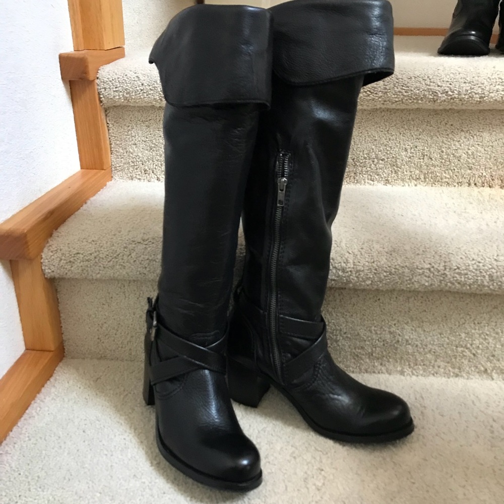 FRYE OVER THE KNEE BLACK LEATHER HIGH HEEL BOOTS SZ 7 1/2 BEAUTIFUL VTG LIKE NEW