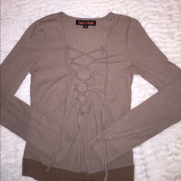 TAN/TAUPE LACE UP LOW V CUT LONG SLEEVE BODYSUIT - Picture 2 of 8