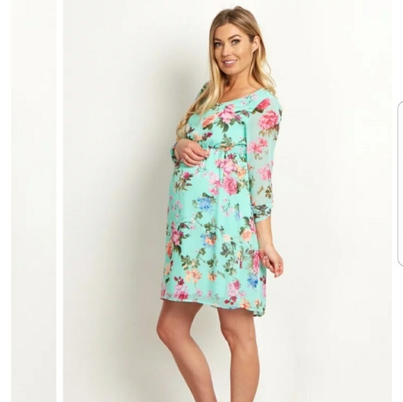 Pinkblush Dresses & Skirts - Mint Floral Chiffon Maternity Dress