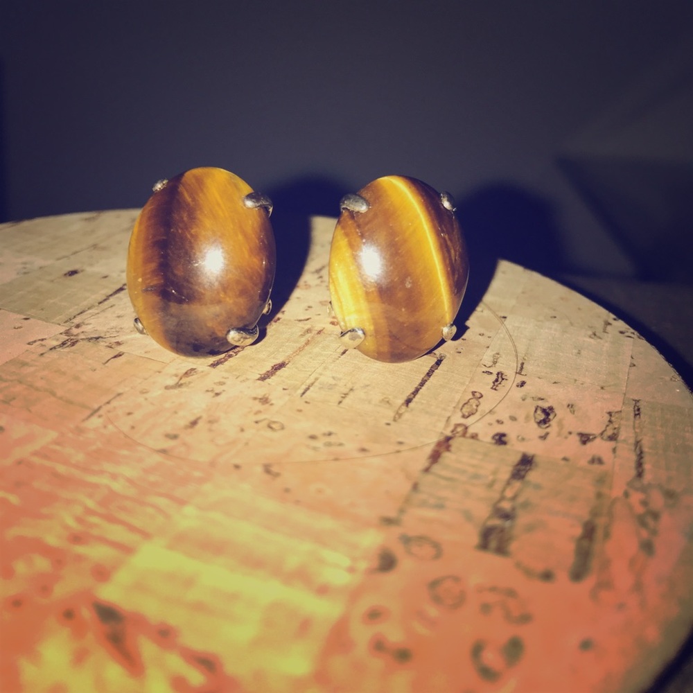 SterlingTiger's-eye Cabochon Omega Back Earrings