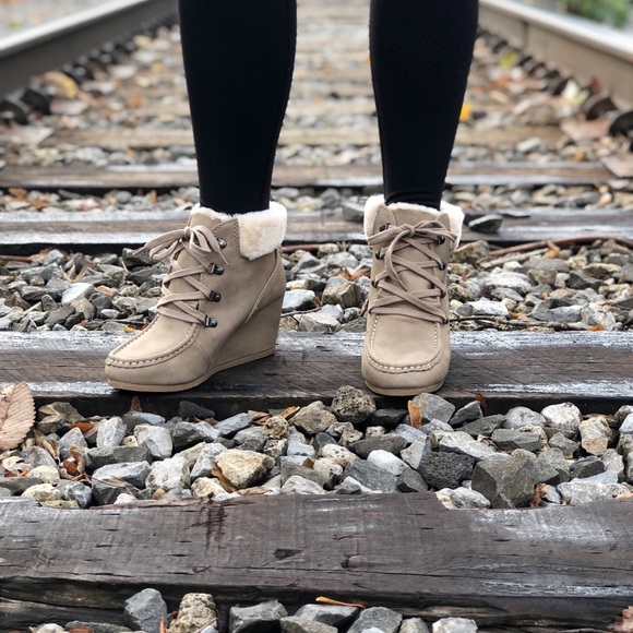 The NEW Boutique Shoes - Taupe Faux Fur Lace Up Booties