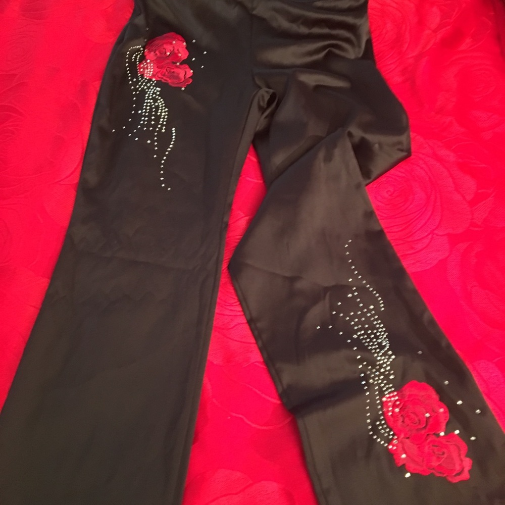 Rose embroidered satin pants
