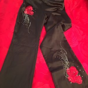 Rose embroidered satin pants