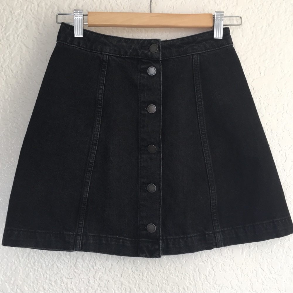 Black Moto Denim Button Up Mini Skirt