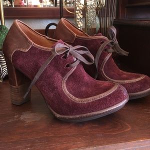 Naya Burgundy suede lace up stacked heels