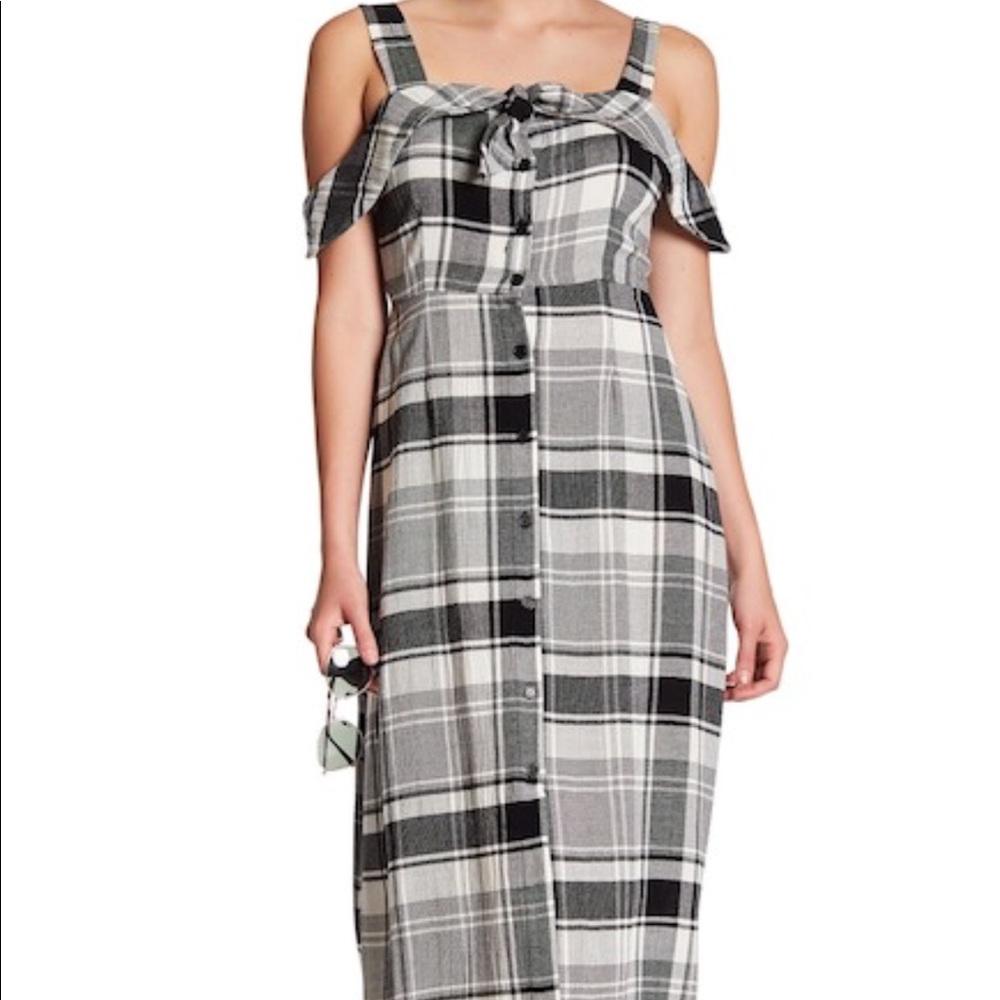 Lush plaid off the shoulder dress