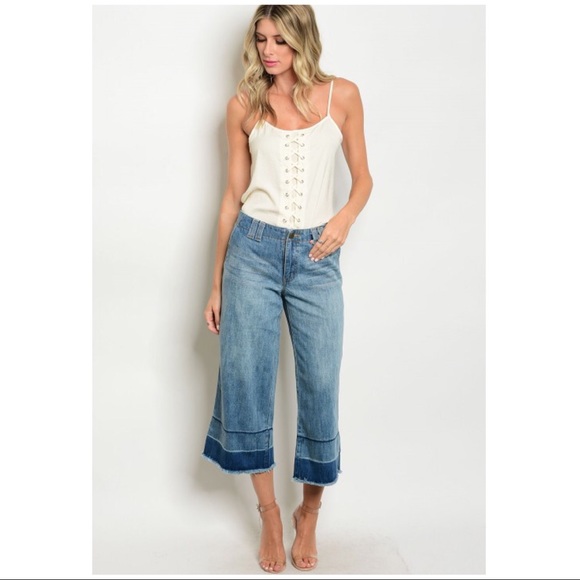 Blue Denim Distressed Wide Leg Jean Capris NWT - Picture 2 of 4