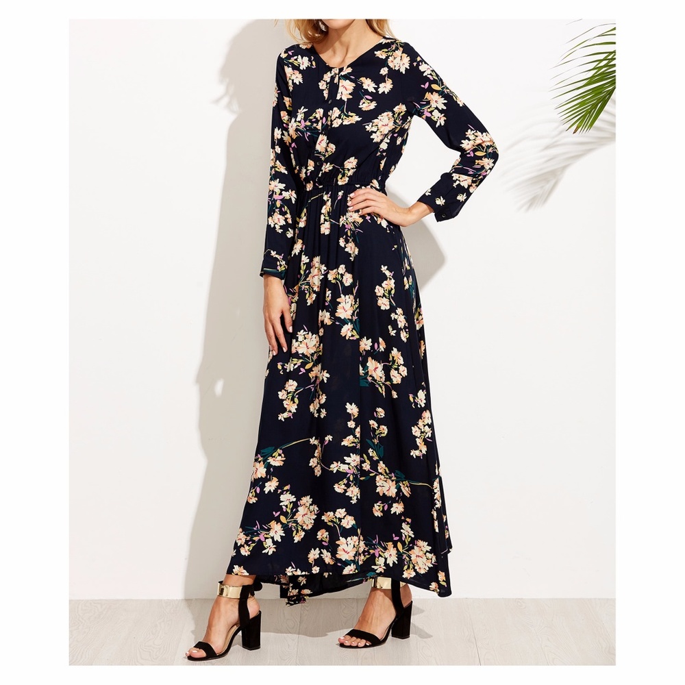 Dark Blue Long Sleeve Floral Maxi Dress - Picture 2 of 4