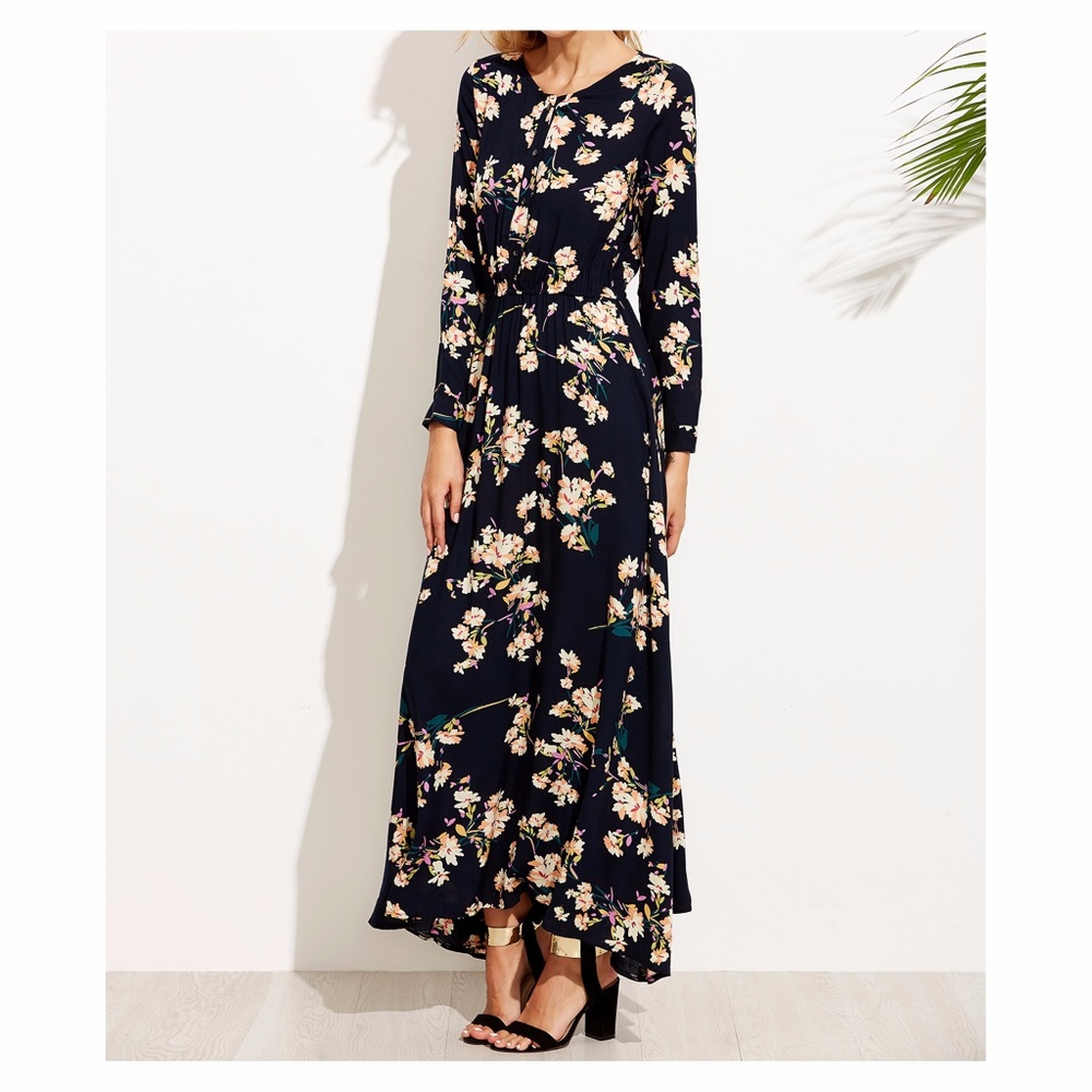 Dark Blue Long Sleeve Floral Maxi Dress - Picture 3 of 4