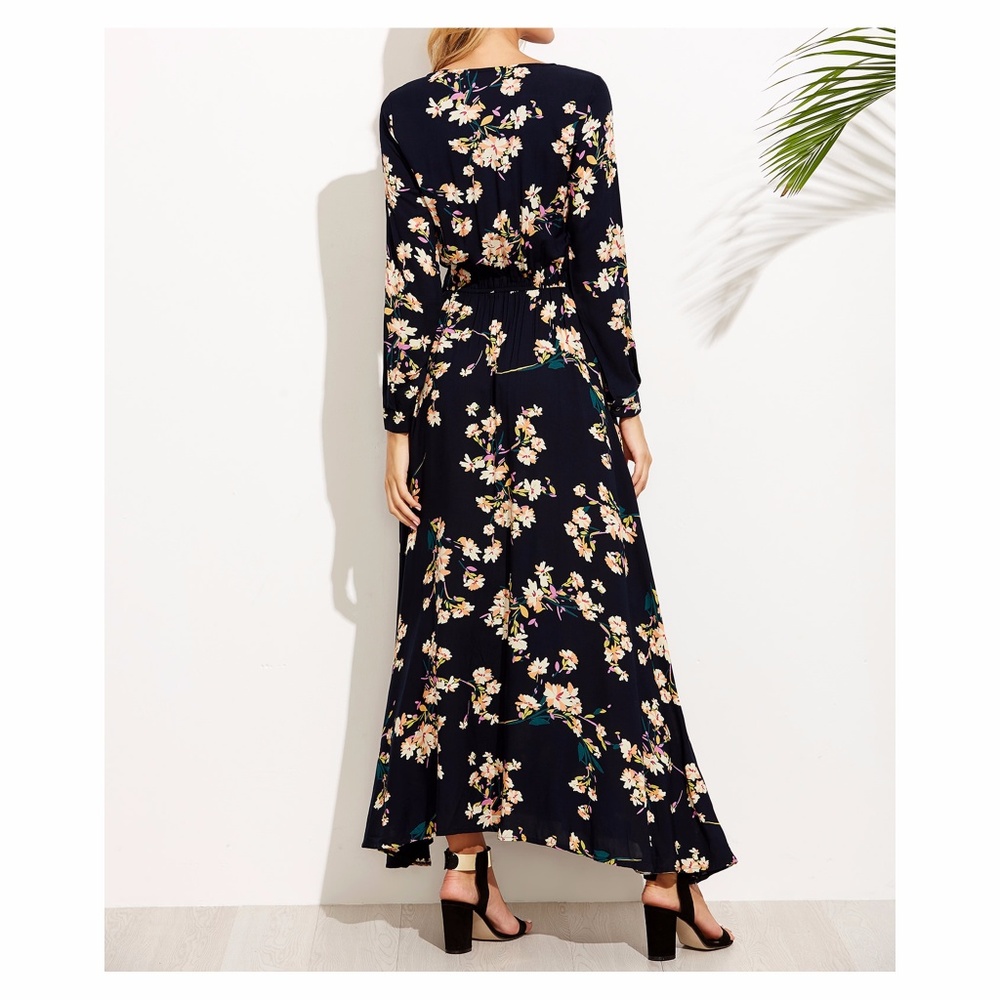 Dark Blue Long Sleeve Floral Maxi Dress - Picture 4 of 4