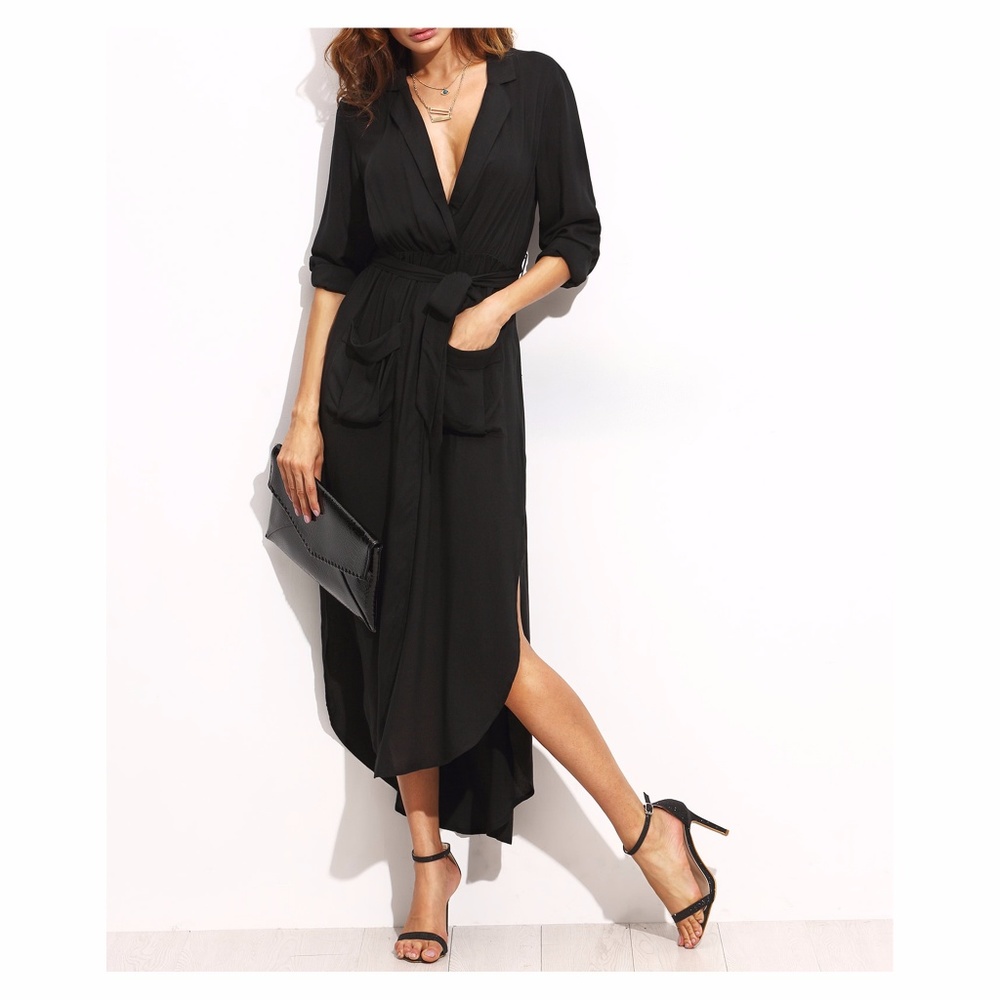 ❗️Black 3/4 Sleeve Belted Split Maxi Shirt Dress - Picture 6 of 7