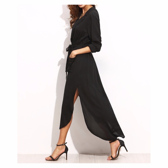 ❗️Black 3/4 Sleeve Belted Split Maxi Shirt Dress - Picture 2 of 7