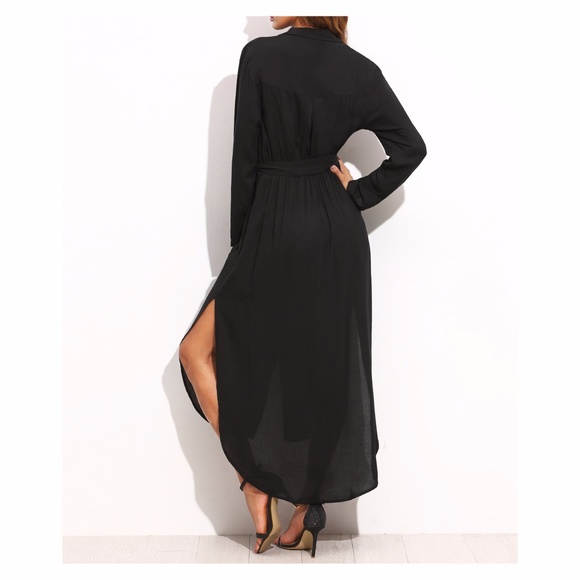 ❗️Black 3/4 Sleeve Belted Split Maxi Shirt Dress - Picture 4 of 7