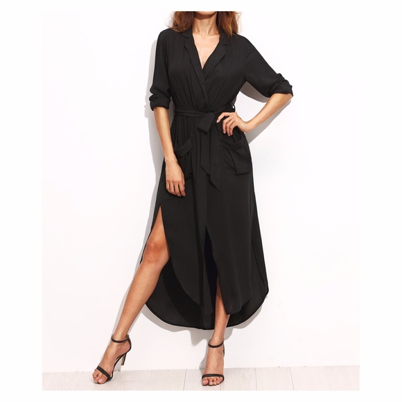 ❗️Black 3/4 Sleeve Belted Split Maxi Shirt Dress - Picture 5 of 7