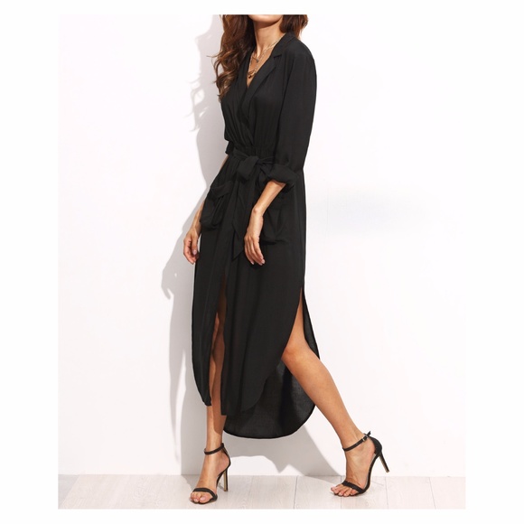 ❗️Black 3/4 Sleeve Belted Split Maxi Shirt Dress - Picture 7 of 7