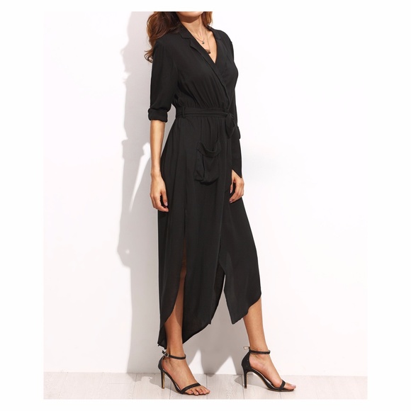 ❗️Black 3/4 Sleeve Belted Split Maxi Shirt Dress - Picture 3 of 7