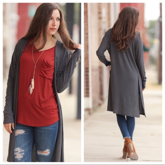 Infinity Raine Sweaters - Lg Charcoal ribbed long sleeve cardigan