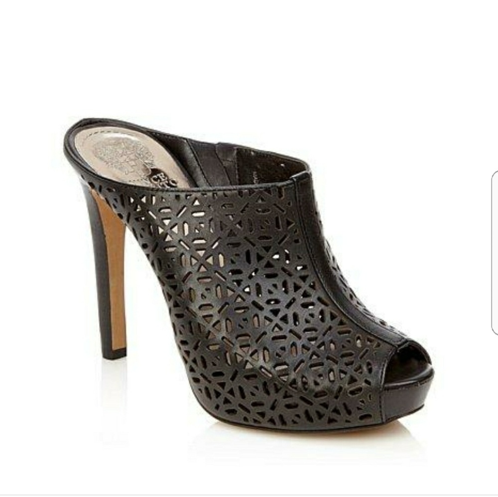 Laser cut peep toe heeled mule