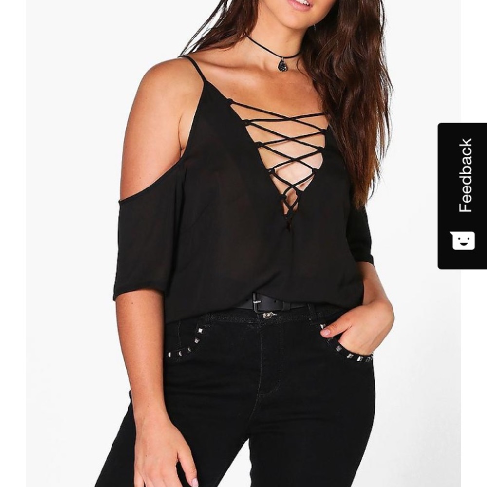 BOOHOO BLACK LACE UP TOP