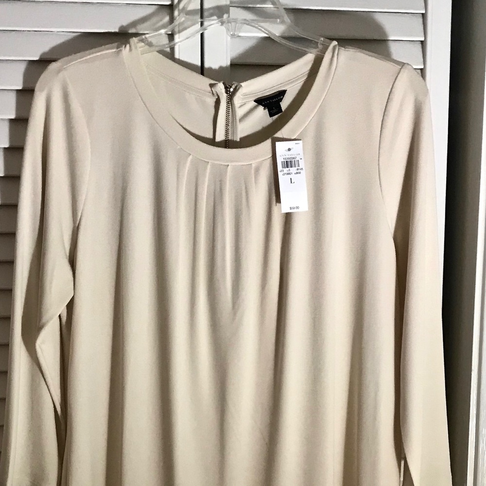 3/4 sleeve pleated neck cream jersey top