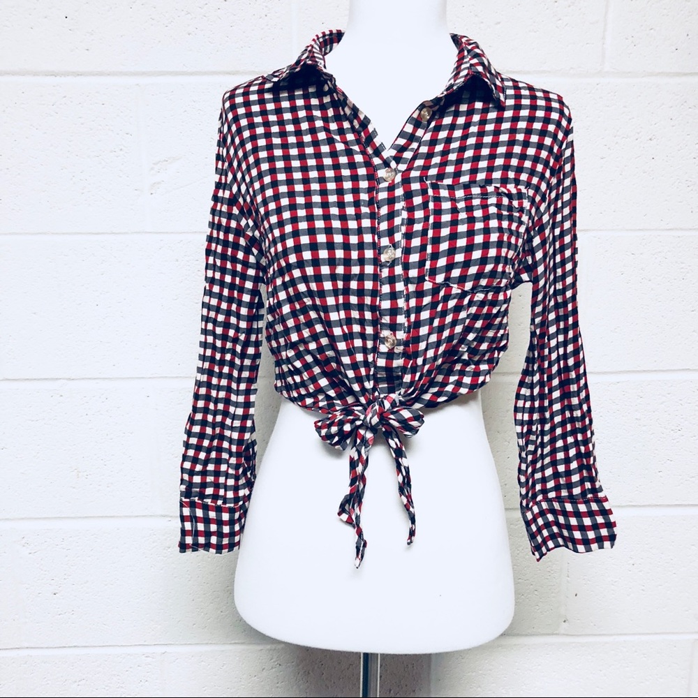 🎃Semi Crop Tie Up Red Black White Flannel