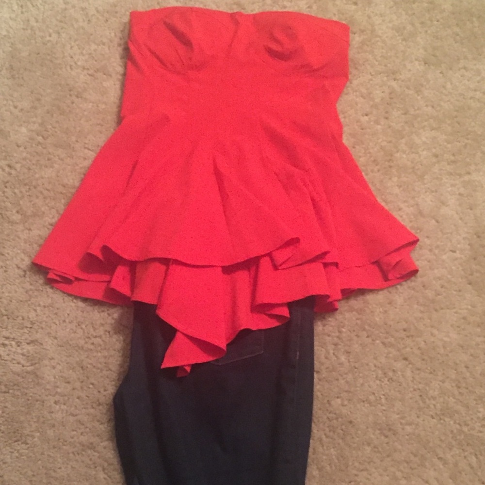 Strapless red peplum top
