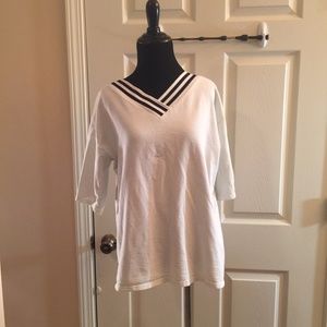 Women Strip V-Neck White Tee