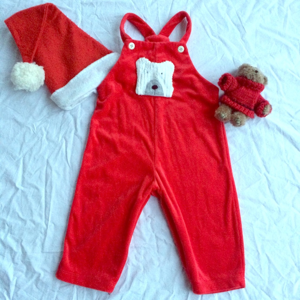 Vintage 2T red velveteen overalls w/ polar bear appliqué