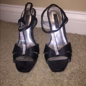 Black T-strap rhinestone stiletto heels