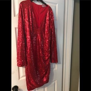 Red plus size sequin mini long sleeve dress