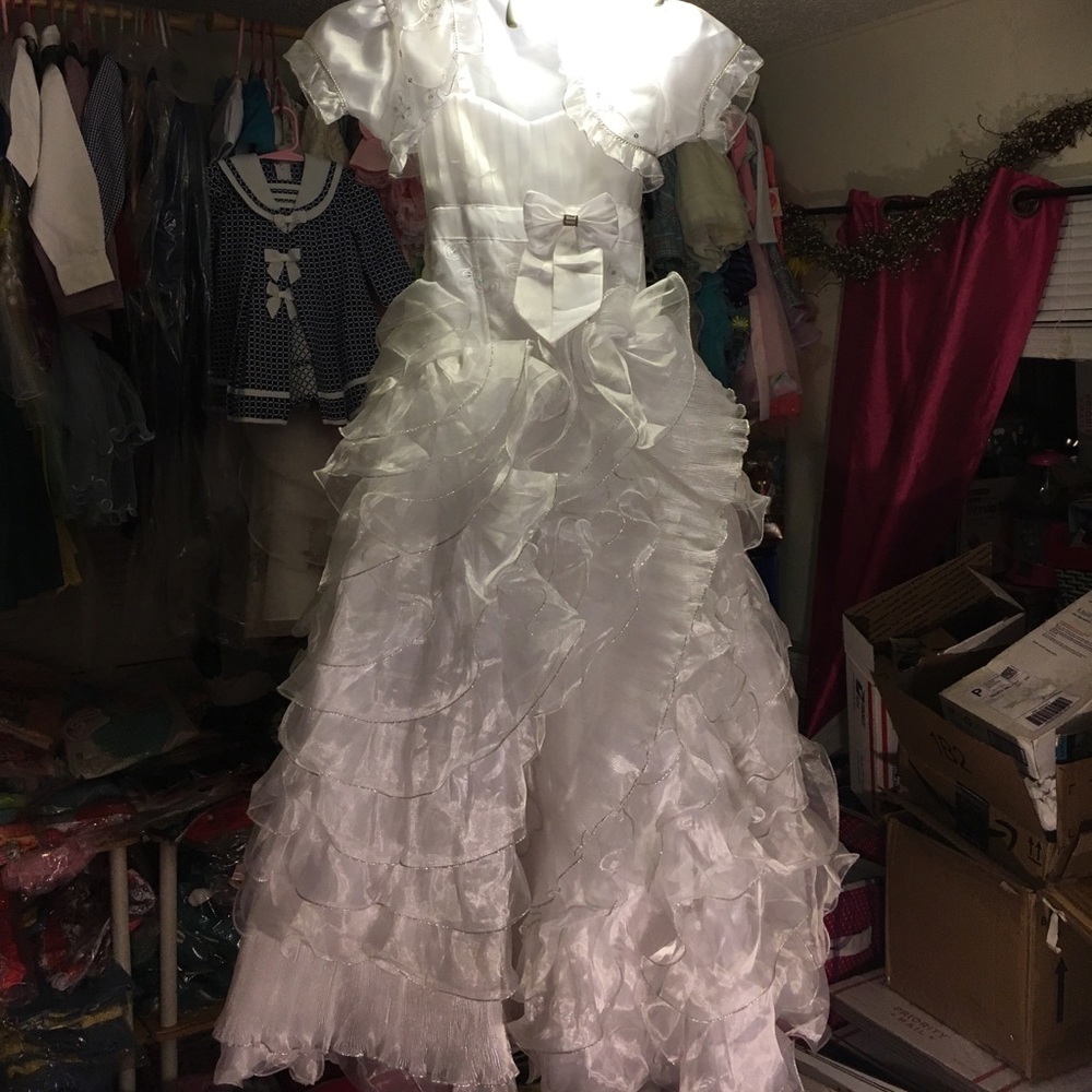 GORGEOUS WHITE W/SILVER ACCENTS FULL Length Communion Baptism Wedding Sz10/12
