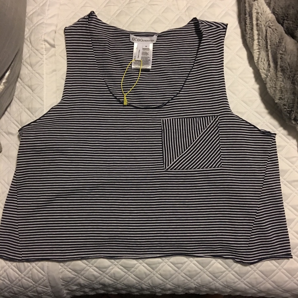 BCBG navy and white striped crop top