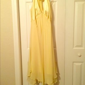 Yellow, halter, satin/chiffon knee-length dress
