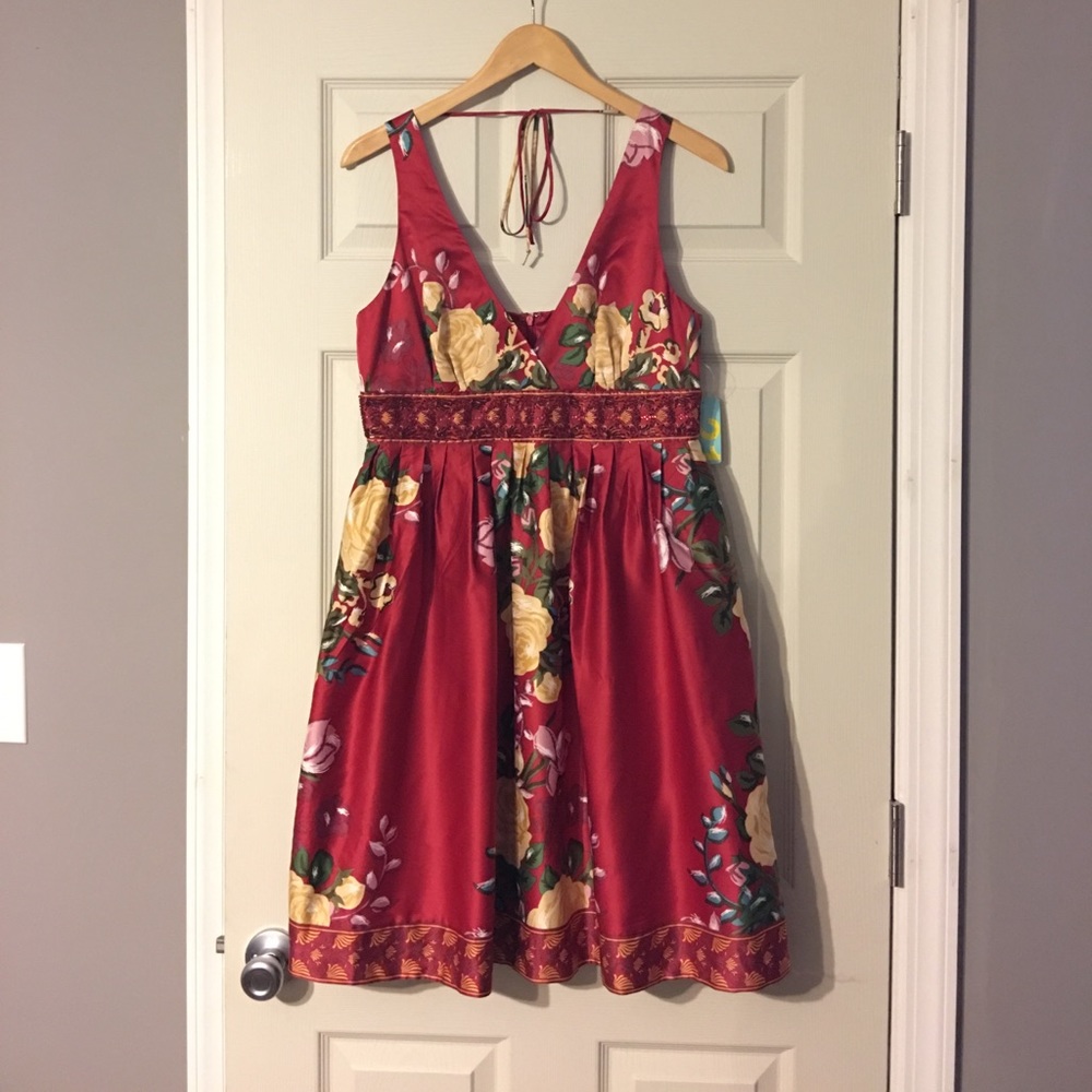 Red flowered sateen dress