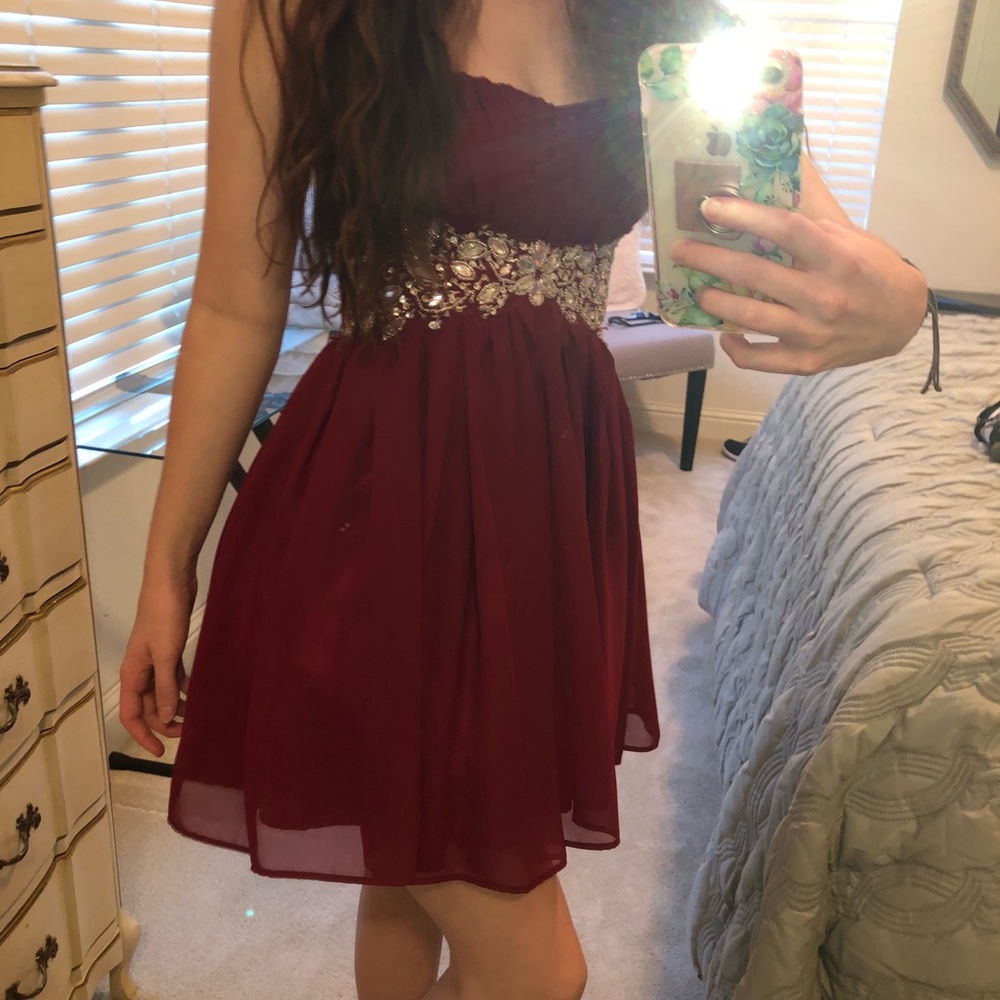 Maroon Strapless Rhinestone Dress - Picture 3 of 5